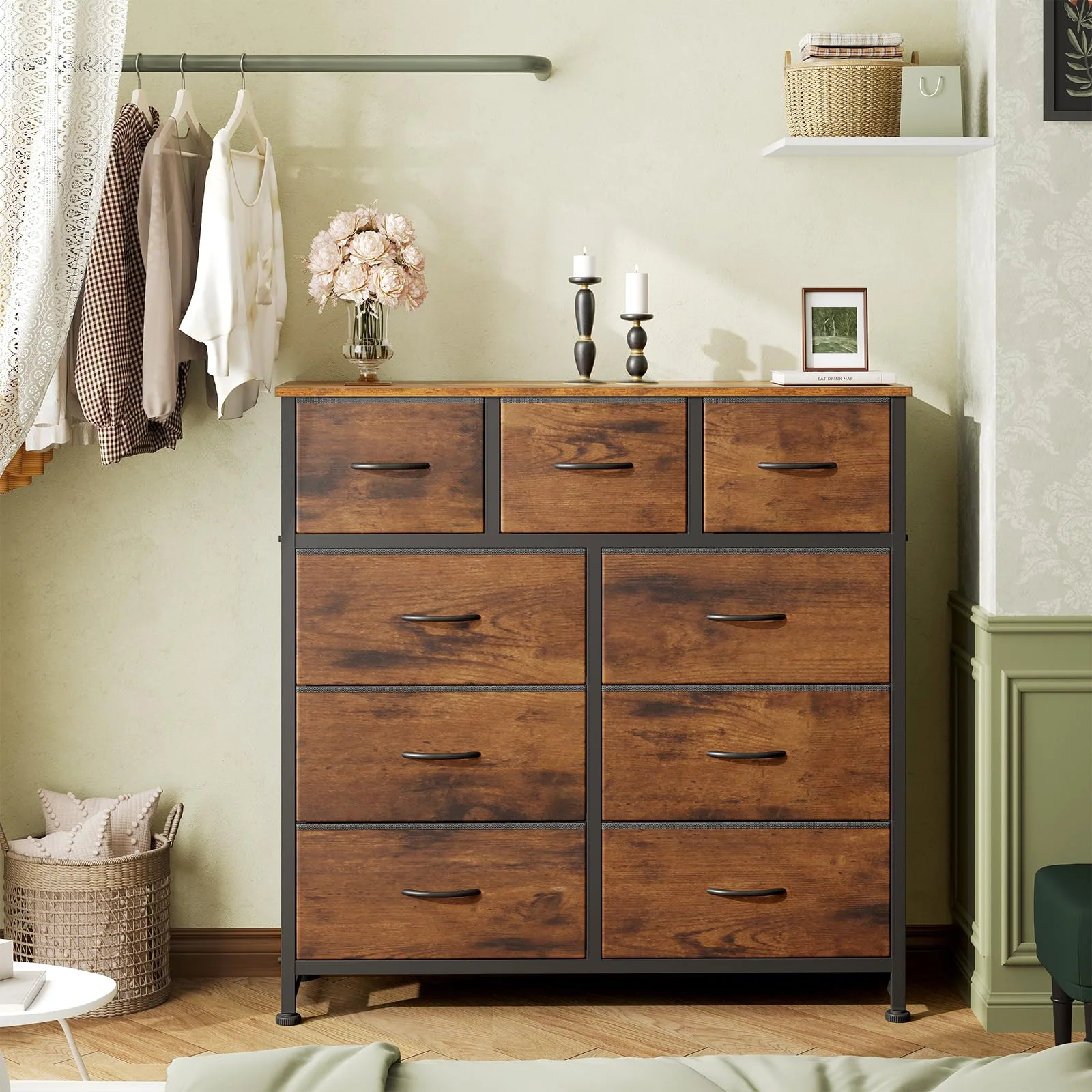 Nine drawers of bedroom storage, one stride of wall
