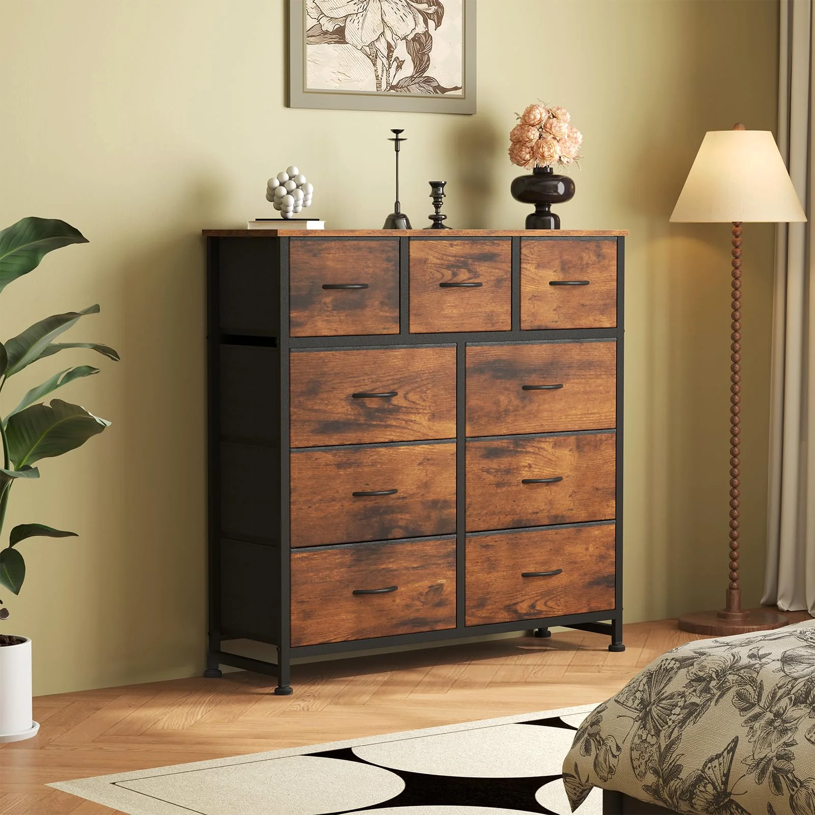 The nine-drawer tall format: storage that grows upward in rooms that cannot grow outward.