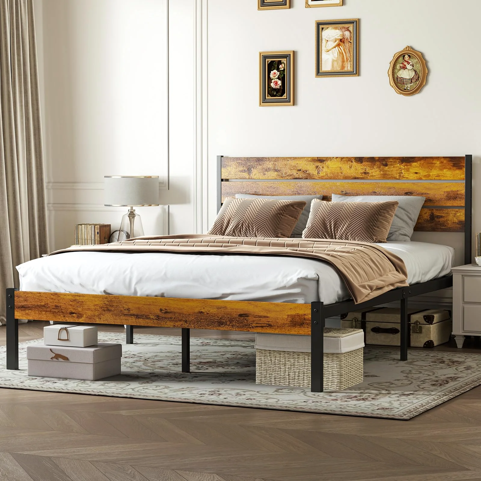 The full frame with its rustic headboard, made up and lived in